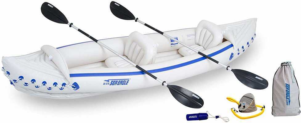 #2. Sea Eagle 370 Deluxe 3-Person 650lb Super-Comfortable Inflatable Portable Sport Kayak w/Paddles