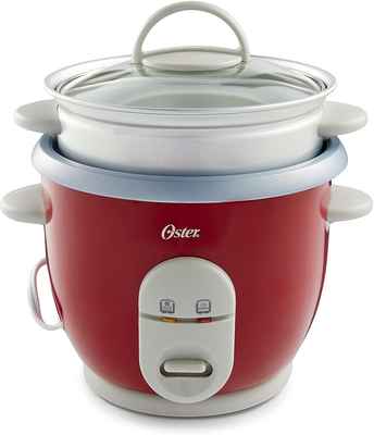 #10. Oster 6-Cup Compact Tempered Glass Auto-Keep Warm Rice Cooker w/Steamer (Red)