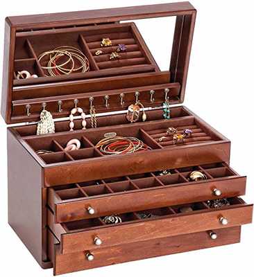 #10. Mele & Co. Brigitte Ten Hook Necklace Drop 3 Drawers & Mirror Large Jewelry Box