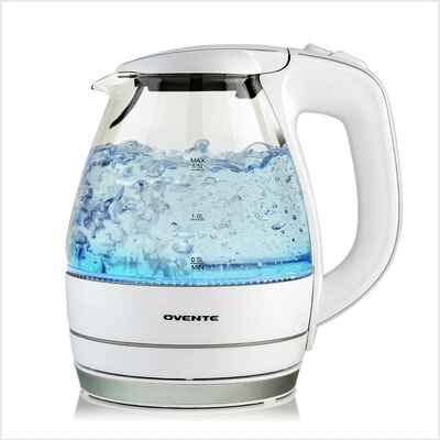 #7. OVENTE 1.5l Blue LED Light Stainless Steel Base Auto Shut Off Electric Glass Kettle