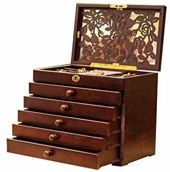 #9. Legoyo Rose Hand Carved 6-Layer Real Wooden Jewelry Box Upper Lid (Wine Red)