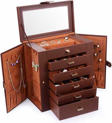 #1. Kendal LJC-SHD5BN Huge Cleaned Lined Sleek Sturdy Leather Jewelry Box (Brown)