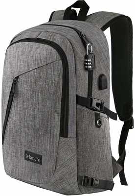 #6. Mancro Water-Resistant Anti-Theft Laptop W/USB Charging Port College Backpack (Grey)