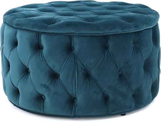 #9. Christopher Knight Home Dark Brown Leg Finish 100% Polyester Zelfa Velvet Ottoman (Dark Teal)