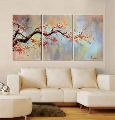 8. ARTLAND 100% Hand Painted Flower Modern Orange Plum Blossom 3-Piece Canvas Wall, Art