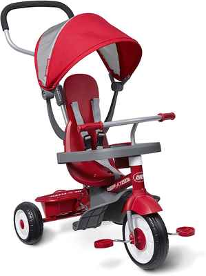 #7. Radio Flyer Ages 9 Months – 5 Years 4-in-1 Stroll ‘N Trike Red Toddler Tricycle