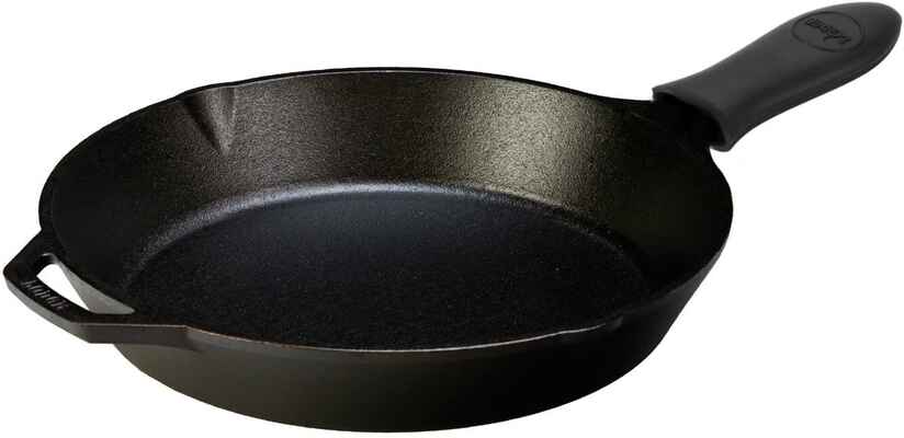 #10. Lodge Black 12'' Hot Handle Holder Seasoned Cast Iron Cast Iron Fry Pan w/Silicone Handle Holder