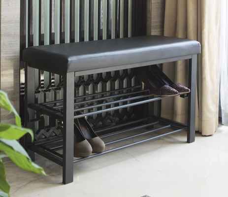 #5. Finnhomy 2 Shelves Entryway Shoe Rack w/Cushioned Seat & Faux Leather Bench (Black)