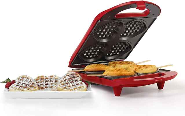 #8. Holstein Housewares Handy Indicator Heart Shaped HF-09031R Non-Stick Mini Waffle Maker (Red)