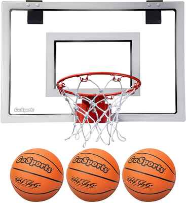 #4. GoSports Shatterproof Backboard Breakaway Action Rim Indoor Basketball Hoop w/3 Balls & Pump