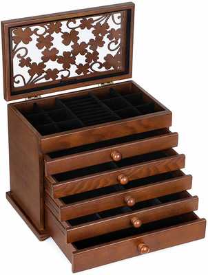 #4. SONGMICS Large 6-Layer & 5 Drawers Wooden Jewelry Organizer (Dark Brown)