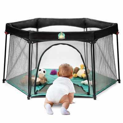 #6. BABYSEATER Portable Lightweight Mesh Easily Opens Baby Playpen (Turquoise)