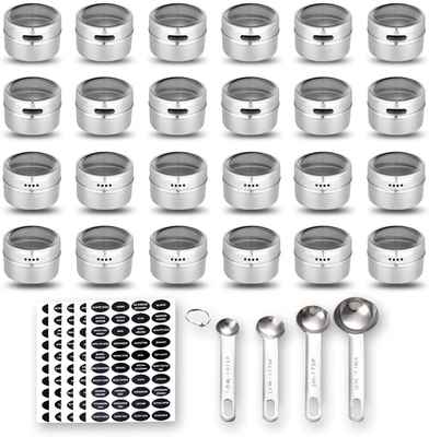 #5. Hanindy Stainless Steel Spice Measuring 200 Labels Spoons 4 Magnetic Spice Organizer Containers
