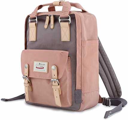 #8. Himawari Waterproof 14.9'' Travel College Vintage Backpack for Students (Pink, Grey)