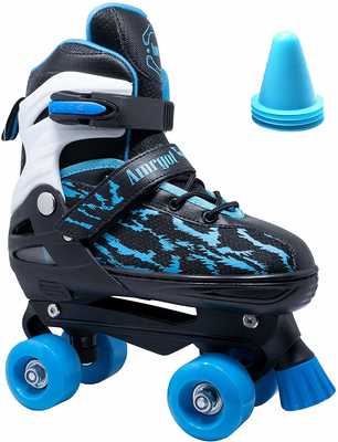 #3. WiiSHAM Sturdy Velcro Straps Fun Roll Adjustable with Four Piles Roller Skates (Blue Black)