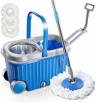 #8. MASTERTOP Microfiber Two Wheels Stainless Steel Spin Mop & Bucket Kit with 3 Mop Heads