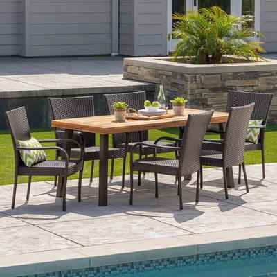 10. Christopher Knight Home 7 Pcs Leopold Acacia Wood with Teak Finish Outdoor Dining Set