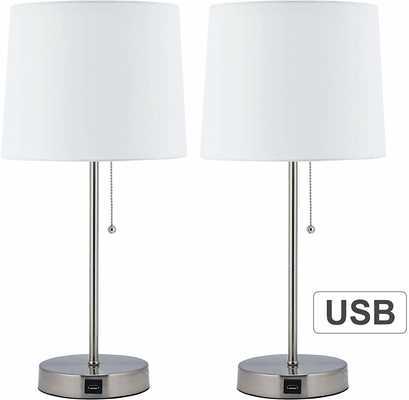 #6. CO-Z Set of 2 USB Charger Modern Metal & Brushed Nickel Finish 21''-Height Bedside Lamps