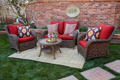 2. Quality Outdoor Living 65-517109A 4 Pcs All-Weather Wicker Brown Red Cushions Seating Set