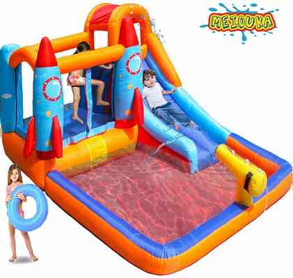 #4. MEIOUKA 7-in-1 Kids Inflatable Bounce House Castle Slide with Blower Water Slide Pool