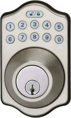 #1. AmazonBasics Keyed Entry Traditional Electronic Deadbolt Door Lock (Satin Nickel)