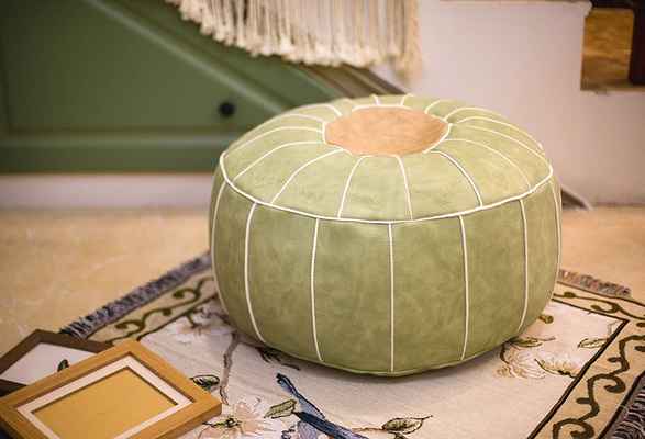 #8. RISEON Boho Handmade FAUX PU Leather Moroccan Ottoman Leather Round Footstool (Green)