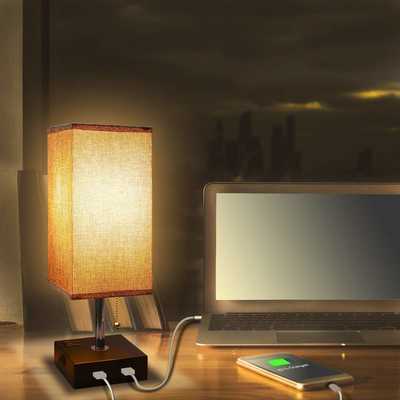 #3. Aooshine Modern Solid Wood Nightstand 2 USB Ports Grey Fabric Shade Bedside Table Lamp