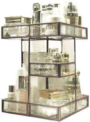 #1. HERSOO Large Capacity Brass Spin Mirrored Beauty Display Makeup Organizer Perfume Holder