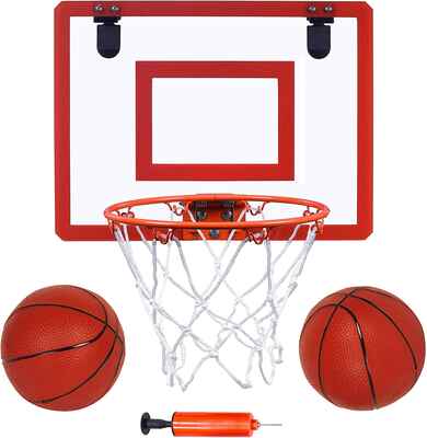 #9. Long Game Indoor Mini Basketball & Balls 16’’ x 12’’ Basketball Hoop for Door Set for Kids