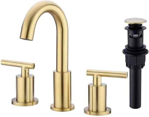 #7. TRUSTMI 8'' Brass 3 Hole Widespread Water Supply Hoses Bathroom Sink Faucet (Brushed Gold)