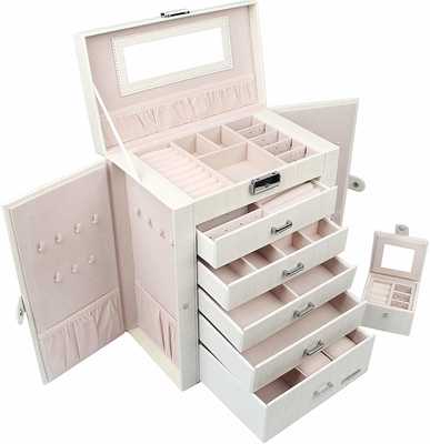 #3. Homde 2-in-1 Huge Faux Leather Jewelry Box for Girls & Women (White Wood Grain)