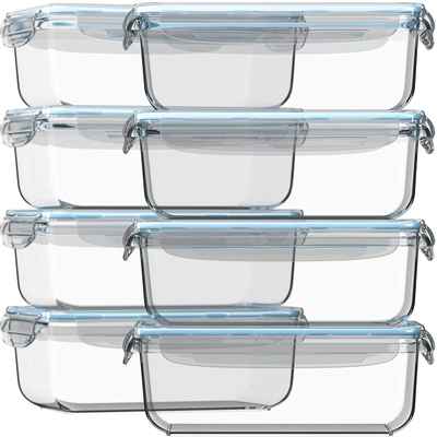 #4. Razab HomeGoods Strong Glass Set of 8 Meal Prep Leak-Proof Food Storage Container w/Lids