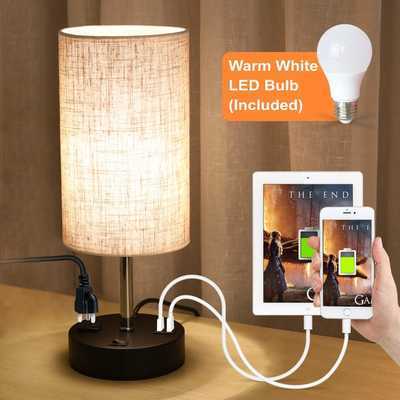 #4. Lifeholder Warm White LED Bulb Built-in 2 USB Ports Power Outlet Table Lamp for Bedroom