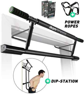 #5. Ikonfitness 4-in-1 Dips Bar & Power Ropes Door Trainer Raised Height Pull Up Bar