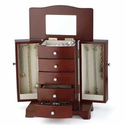 #7. RR ROUND RICH DESIGN 4 Drawers 2-Open Doors Mirror Wood Jewelry Box (Brown)