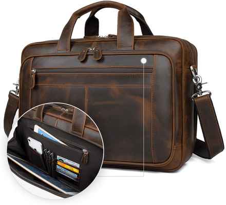 #4. Augus 15.6'' Business Travel Genuine Briefcase Leather Duffel Bags for Men (Dark Brown)