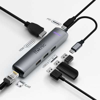 #9. ITeknic 6-in-1 USB C Adapter USB PD Charging Port 3 MacBook Pro for USB C Devices