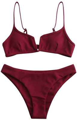 #6. ZAFUL Two-Pieces Women's V-Wire Padded Ribbed Cami Bikini High Cut Swimsuit