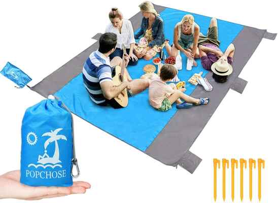 #5. POPCHOSE Large Sand-Proof Sand-Free Pocket Picnic Beach Blanket w/6 Stakes for Travel