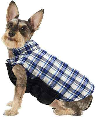 #3. Droolingdog Blue Mixed Coat Warm Plaid Coat Clothes Weather Coat for Small Dogs