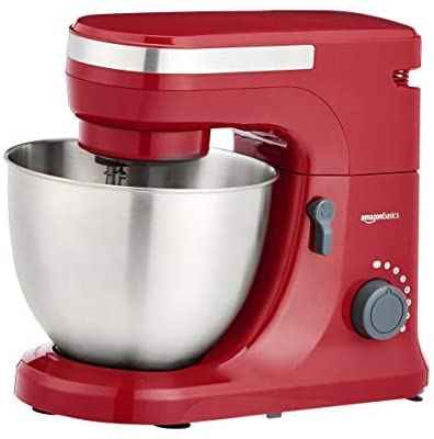 #6. AmazonBasics 10.14lbs 7-Speed Interchangeable Beater Stand Mixer w/Attachments (Red)