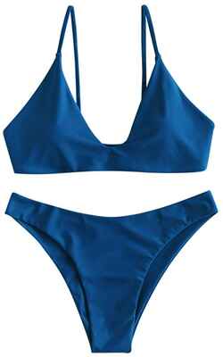 #8. ZAFUL Two-Piece Padded High Cut Women's Tie Back Swimsuit (BlueBerry Blue)