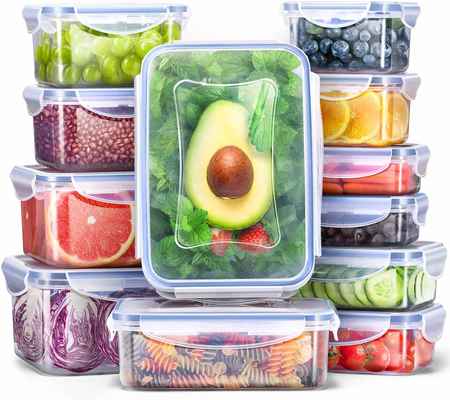 #5. Veken 24-Pcs Plastic Stackable Dishwasher Safe Food Storage Containers Microwave Safe