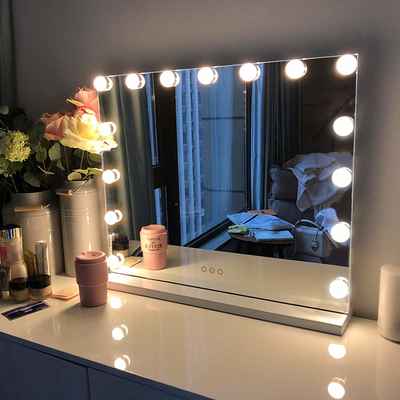 #1. FENCHILIN White Wall-Mounted Large Vanity Mirror w/15 Dimmable LED Bulbs