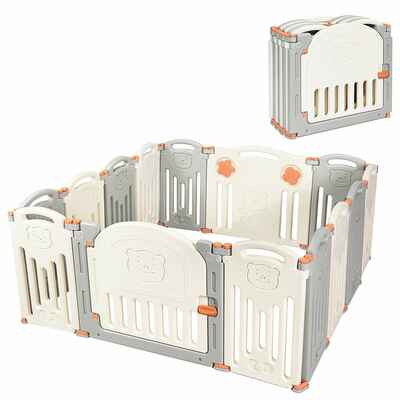 #10. Costzon 14 Panel Foldable Safety Adjustable Shape Baby Playpen w/Locking Gate (Beige & Grey)