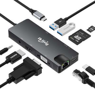 #2. Ikling 9-in-One 4K Two USB 3.0 Gigabit Ethernet USB-C Hub Adaptor (Thunderbolt 3)