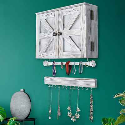 #1. TEEHOME Wooden Wall Mount Rustic Jewelry Organizer w/Wooden Barn Door for Home Décor