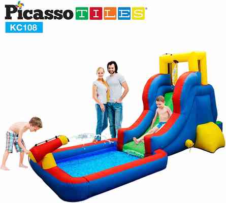 #9. Picasso Tiles KC108 Inflatable Bouncing House w/Pool Area Climbing Wall Heavy-Duty 385W Blower