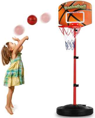 #6. Auggie Adjustable Height 2.5 – 5.1 Ft Mini Indoor Basketball Hoop for Baby Boys Girls Kids