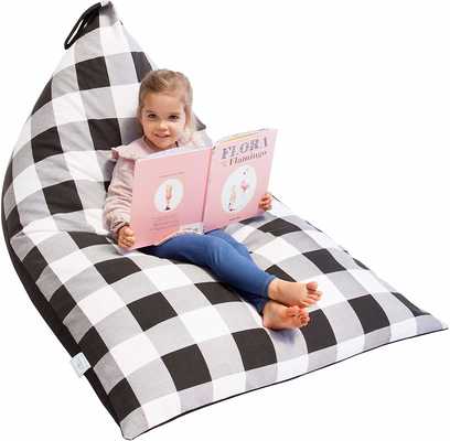 #9. Huddle Supply Co Farmhouse Buffalo Plaid Stuffed Bean Bag Seat for Kids, Teens & Adults